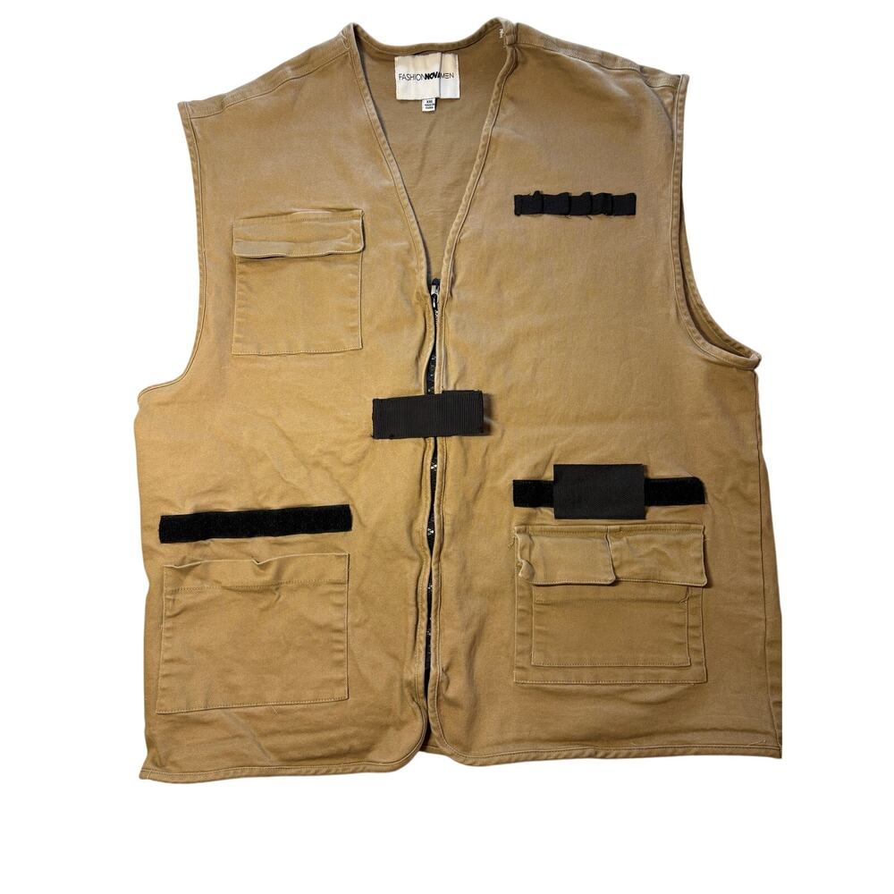 FASHIONNOVAMEN Utility Vest 2XL Men's Tan/Black Zipper V-Neck